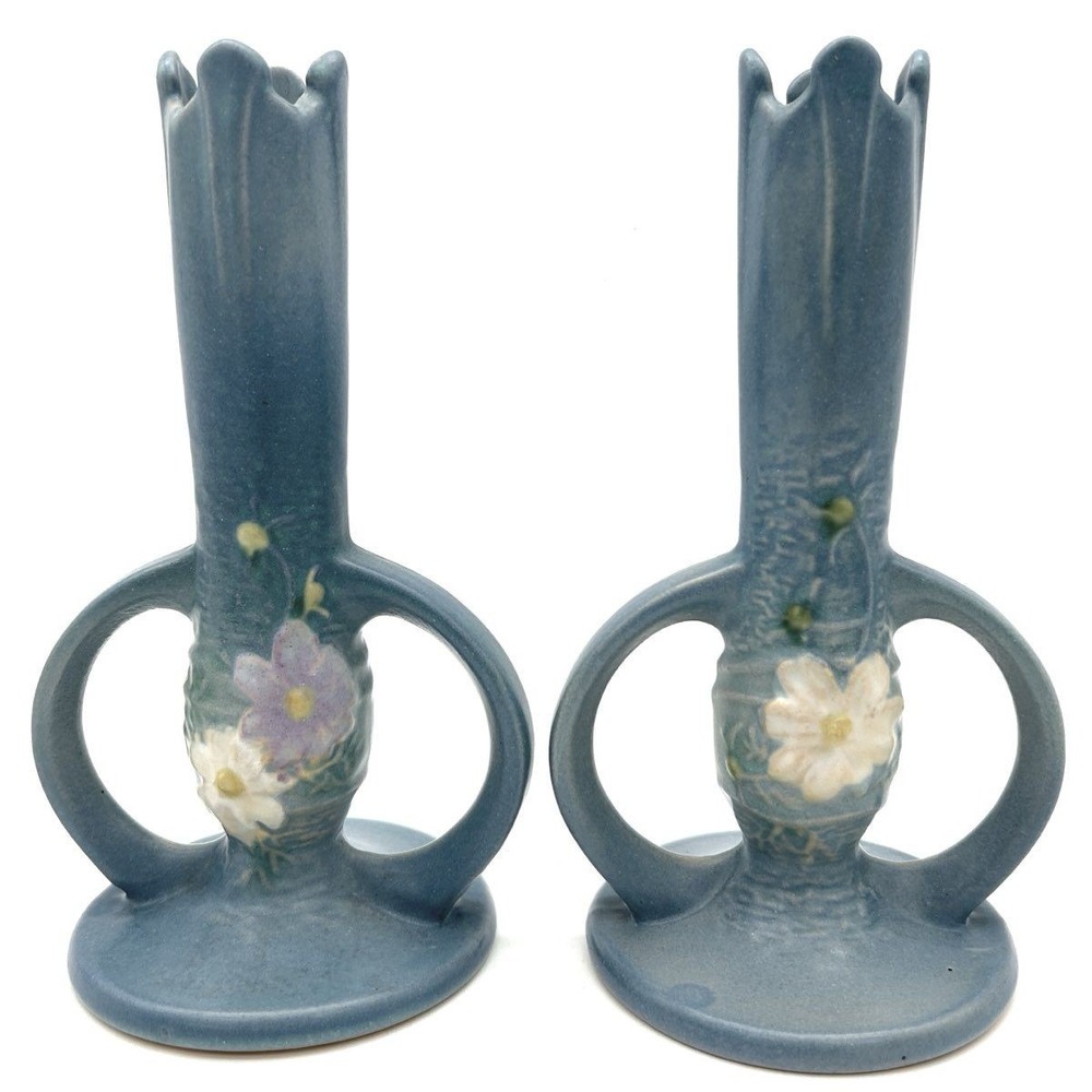 Roseville Cosmos Blue Bud Vase Pair 959-7 Art Pottery Double Handle Vintage